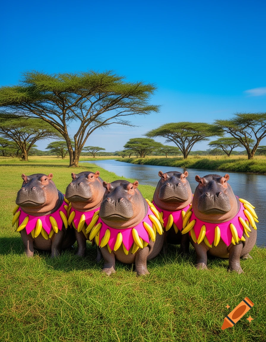 Five photorealistic hippos wearing pink and banana skirts, sitting in green grass beside a river in a savannah.