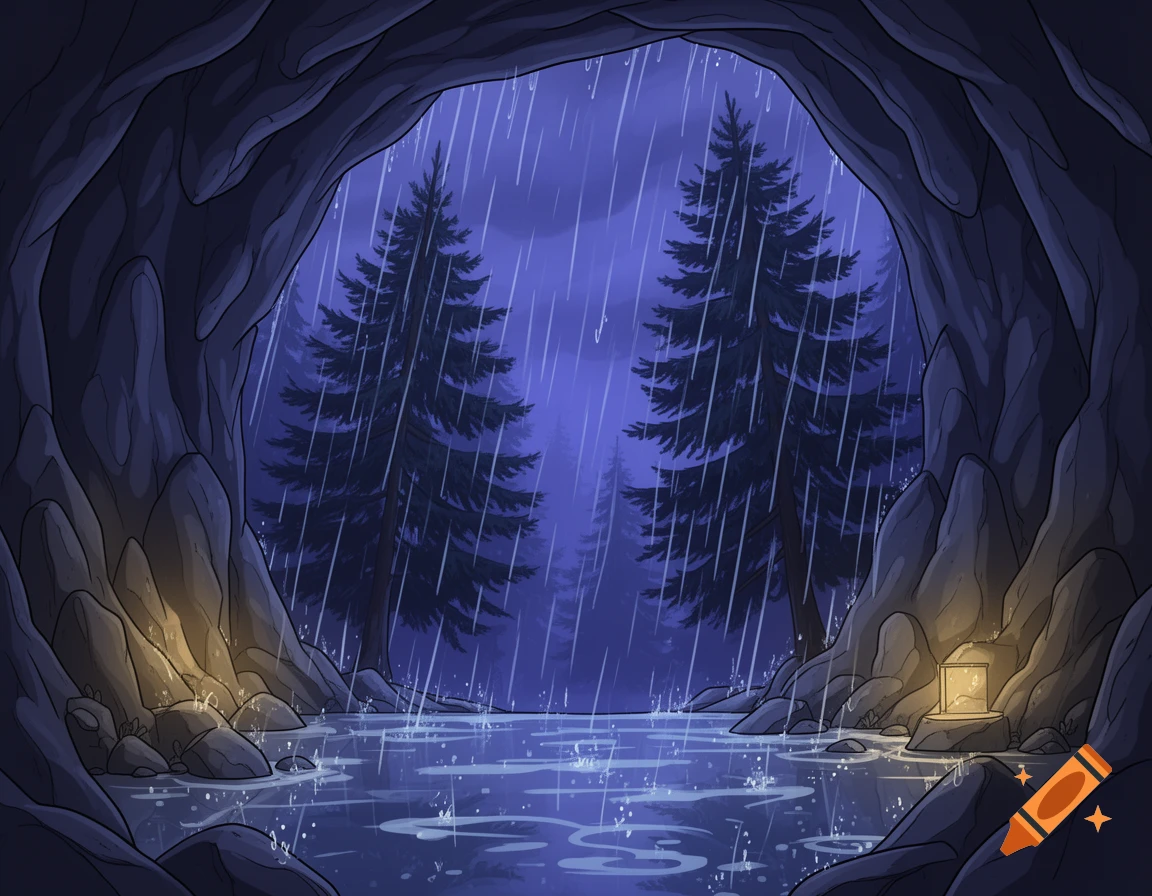 Cartoon of a cave entrance at night with heavy rain outside, pine trees visible, and water pooling inside, lit by glowing lanterns.