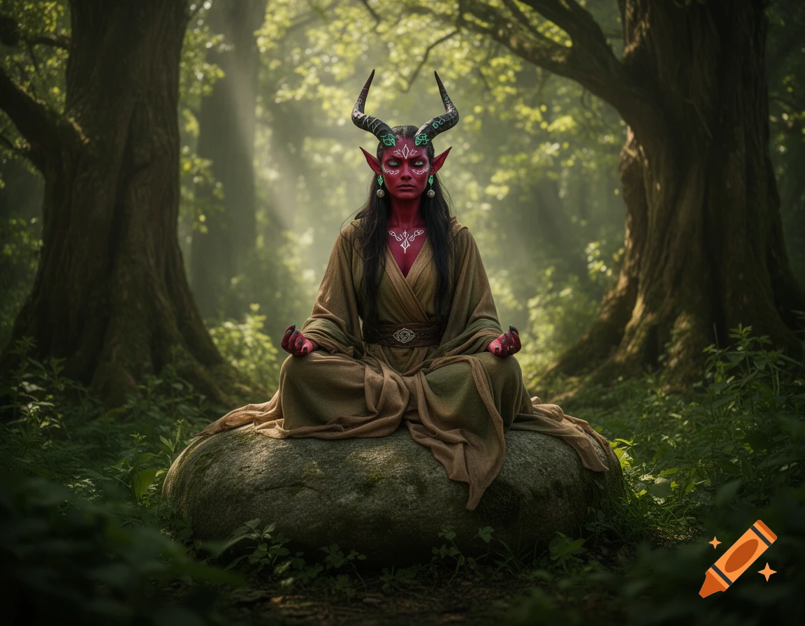 A red-skinned Tiefling druid with horns and white tattoos meditates on a rock in a lush, sunlit forest.