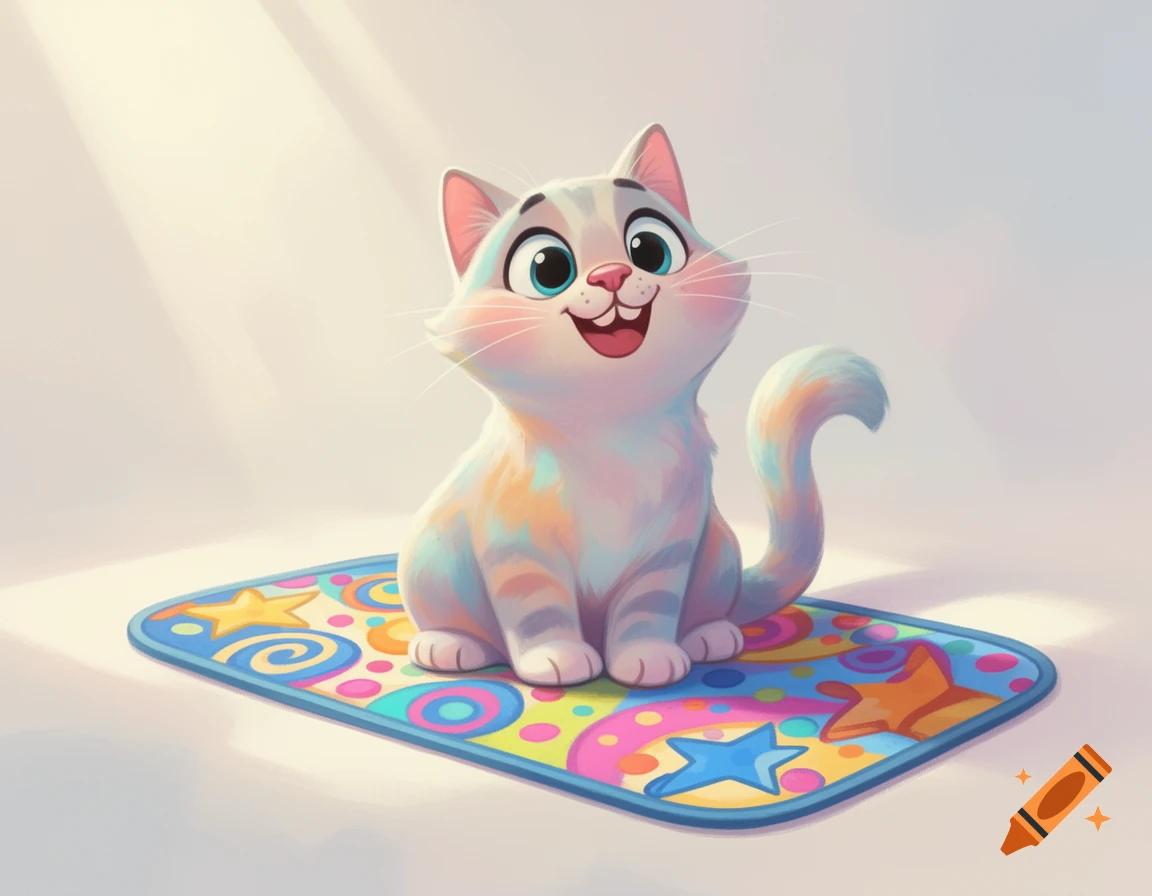 A happy cartoon cat with blue eyes and colorful fur sits on a vibrant patterned mat.