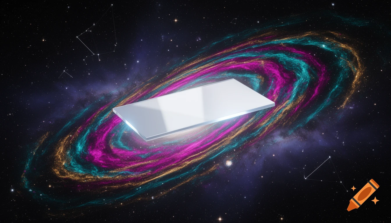 A shining white rectangular slab floats within a vibrant, swirling galaxy of pink, teal, and gold, against a dark starry background.