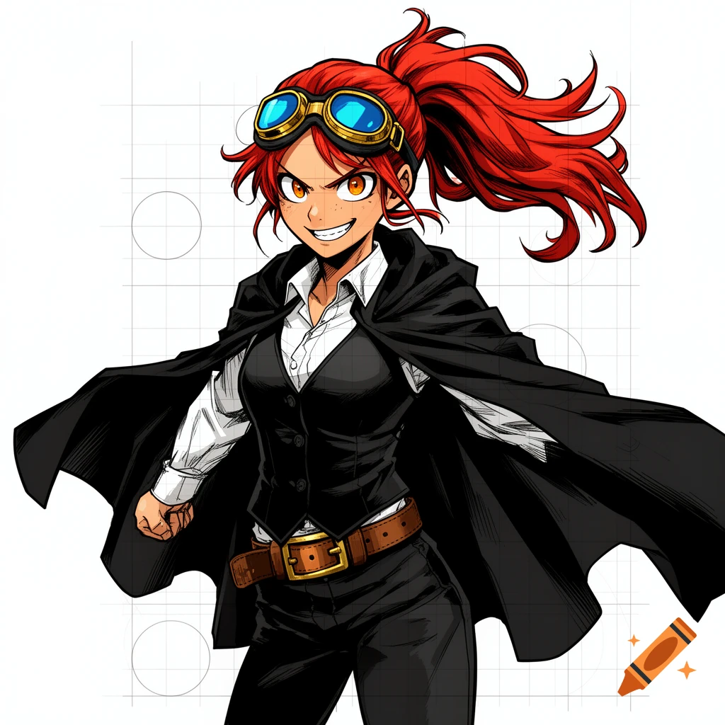 A tan-skinned woman with red hair, amber eyes, and goggles grins, wearing a white shirt, black vest, and cape in manga style with faint construction lines.