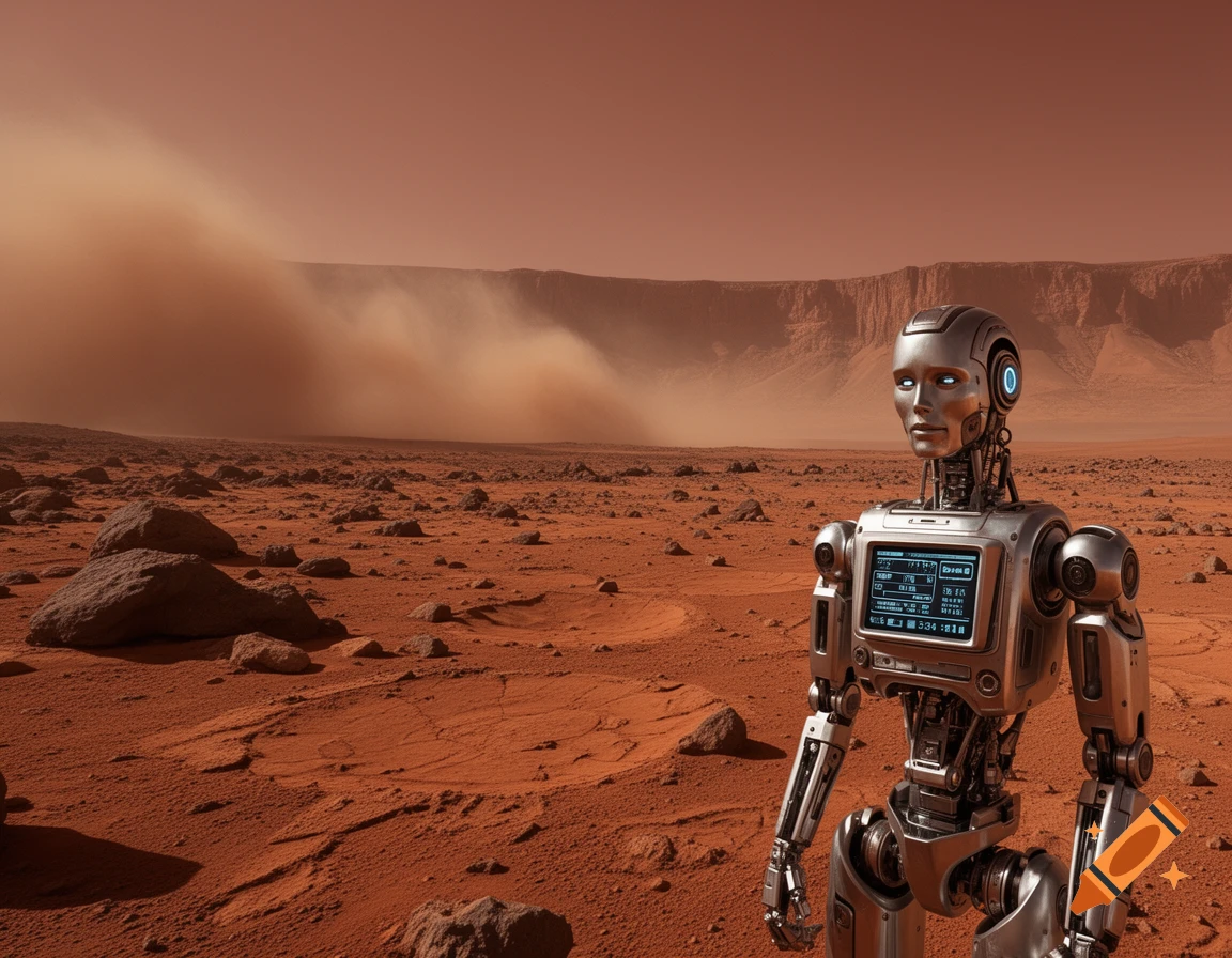 A silver robot with glowing blue eyes stands on a dusty red Martian landscape under a reddish-orange sky with a sandstorm in the distance.