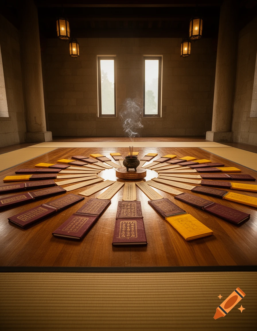 An incense burner at the center of a circular arrangement of ancient scrolls and books on a wooden floor in a temple interior.