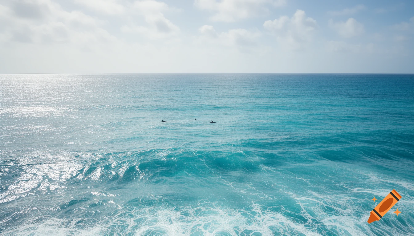 Photorealistic image of a vast turquoise ocean with three marine animals visible by their fins in the distance under a partly cloudy sky.