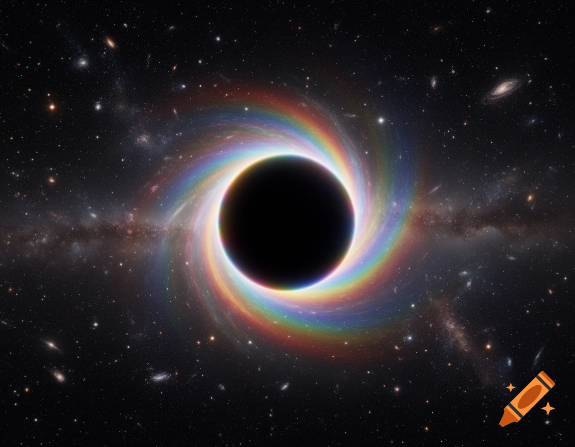 A black hole with a vibrant rainbow-colored accretion disk against a dark, star-filled galaxy backdrop.