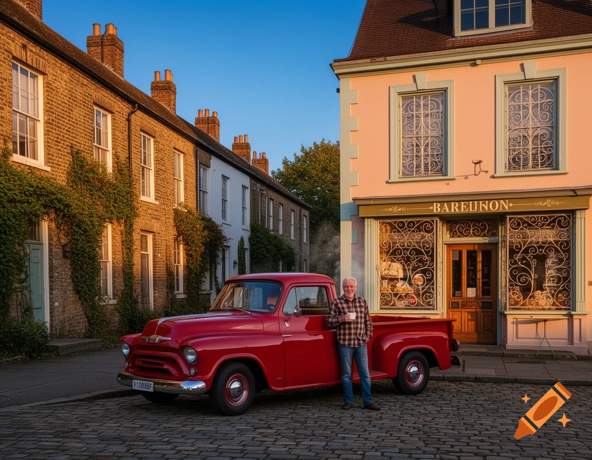 A man in a plaid shirt stands by a red vintage pickup truck on a cobblestone street, with historic brick buildings and a shop in the background.