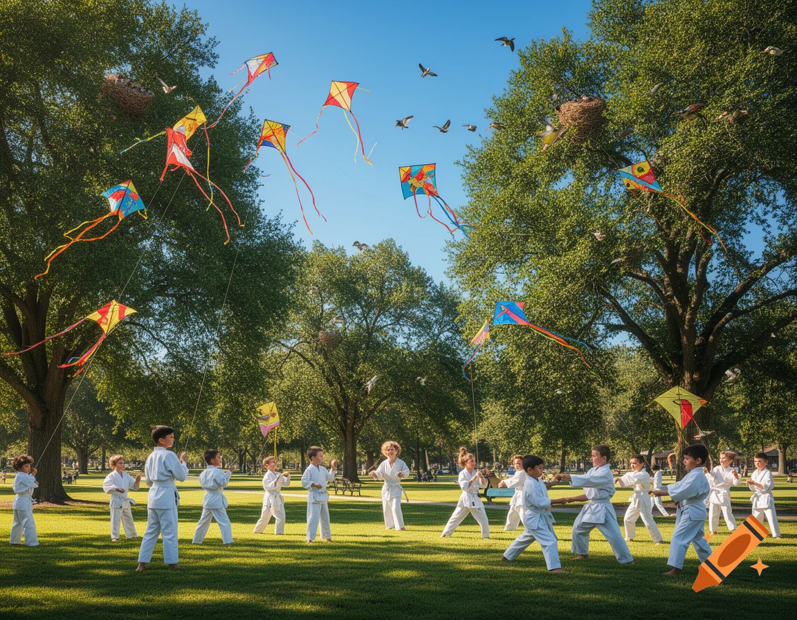 Kids fly colorful kites and practice karate in a sunny park with tall green trees and birds flying.