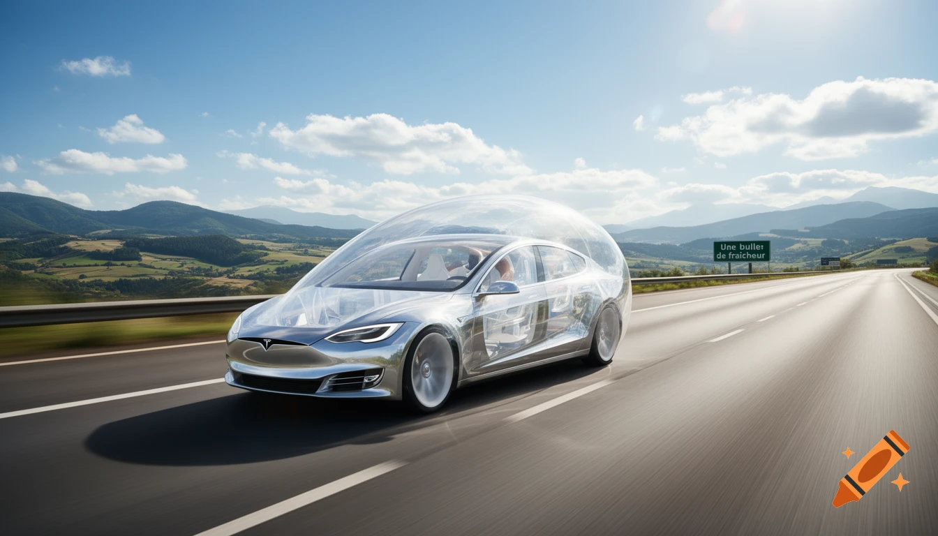 A silver Tesla Model S enclosed in a transparent bubble drives on a highway, with mountains under a clear sky.