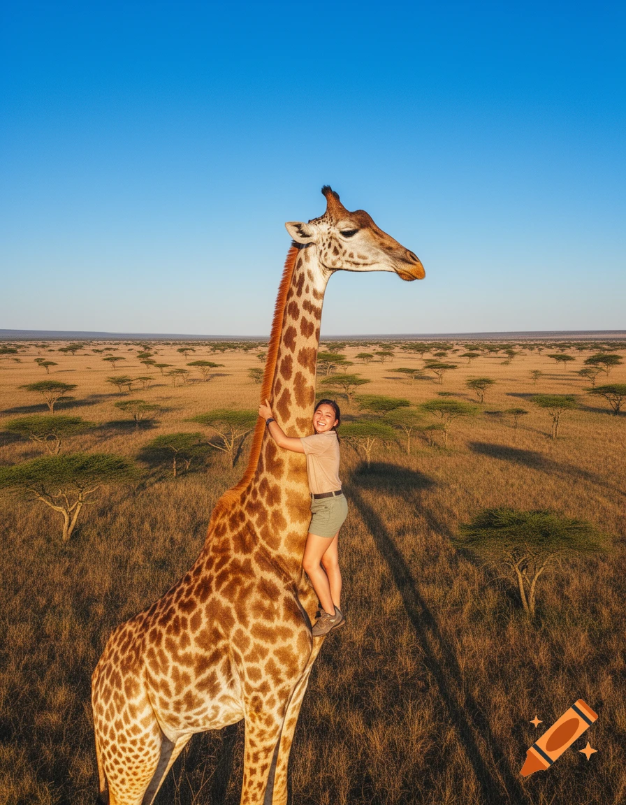 A person hugs a tall giraffe in a golden savanna with acacia trees under a clear blue sky.