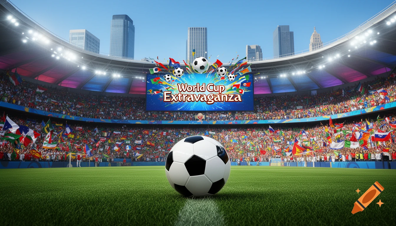 Photorealistic image of a soccer ball on a green field in a crowded stadium with a 'World Cup Extravaganza' screen.