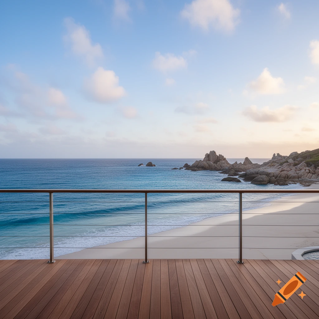 Photorealistic view from a wooden veranda overlooking a white sand beach, blue ocean, and rocky coastline under a partly cloudy sky.