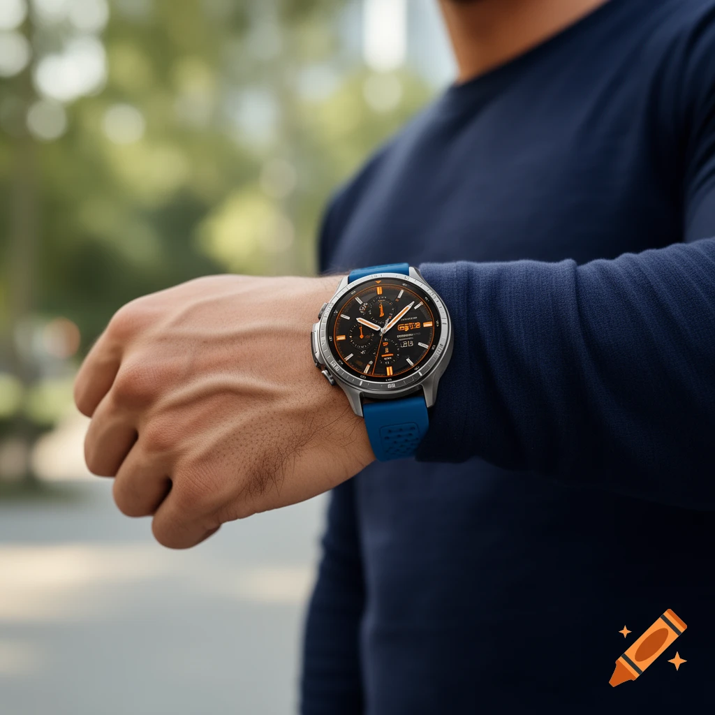 A close-up, photorealistic shot of a man's arm wearing a silver Samsung Galaxy Watch Ultra 2 with a blue ocean band, showing an orange-accented watch face.