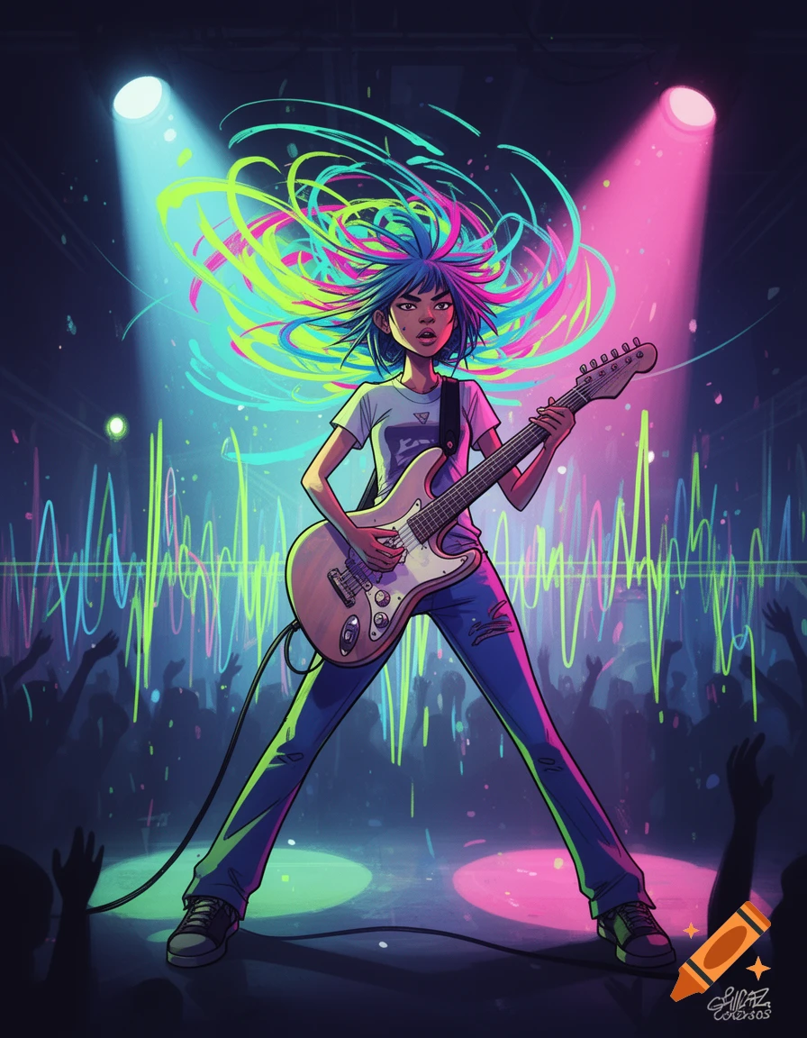 A cartoon female guitarist with bright, multi-colored hair plays an electric guitar on a neon-lit stage before a cheering audience.