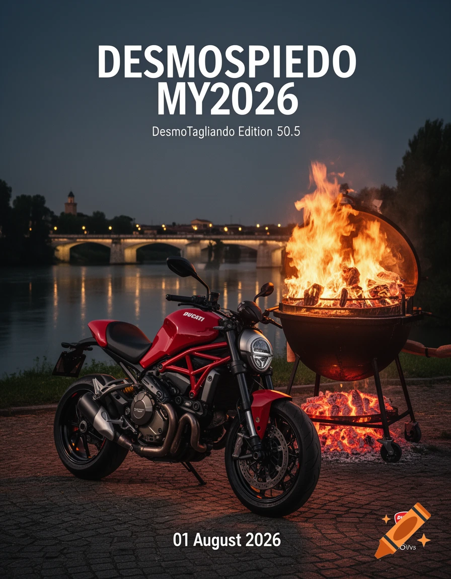 A red Ducati motorcycle parked next to a burning BBQ grill at night, with a lit bridge over a river in the background. Event poster text reads 'DESMOSPIEDO MY2026' and '01 August 2026'.
