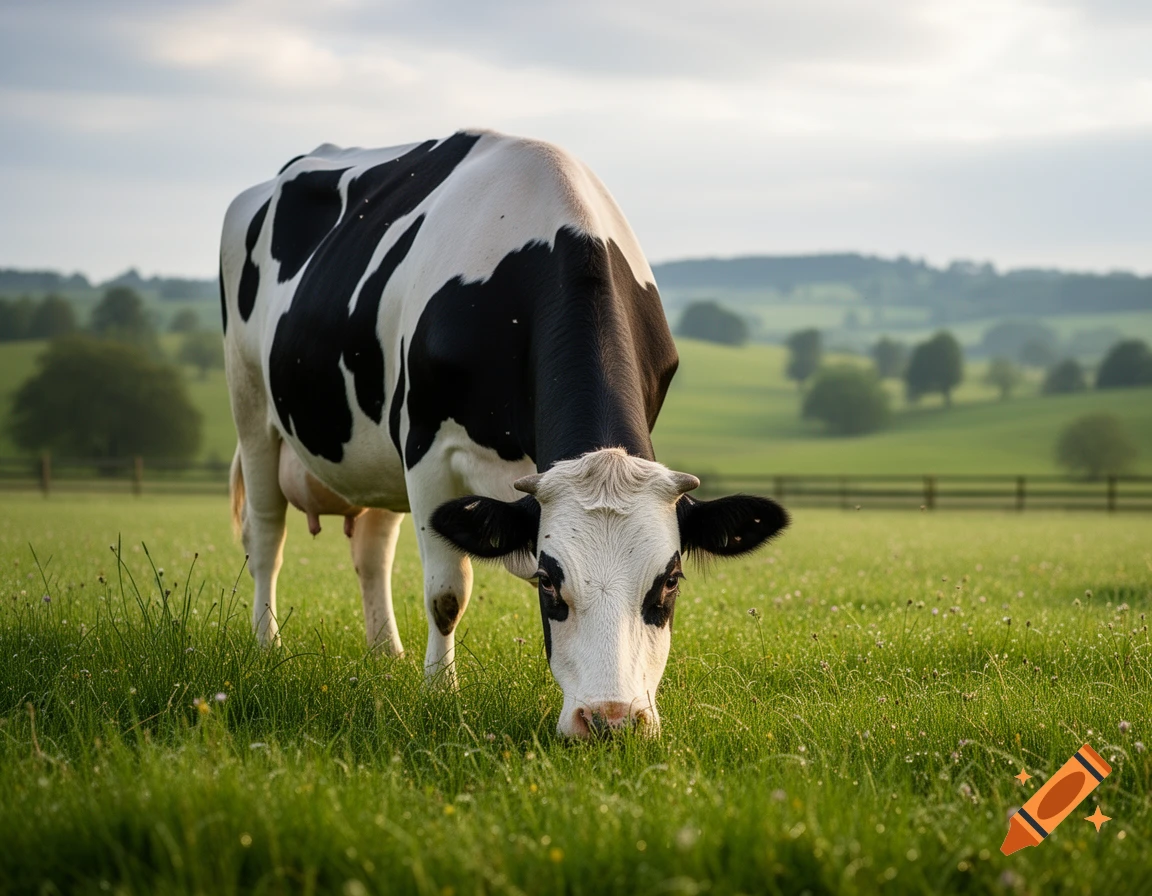 A black and white cow grazes in a vibrant green pasture under a bright, slightly cloudy sky, in a photorealistic style.