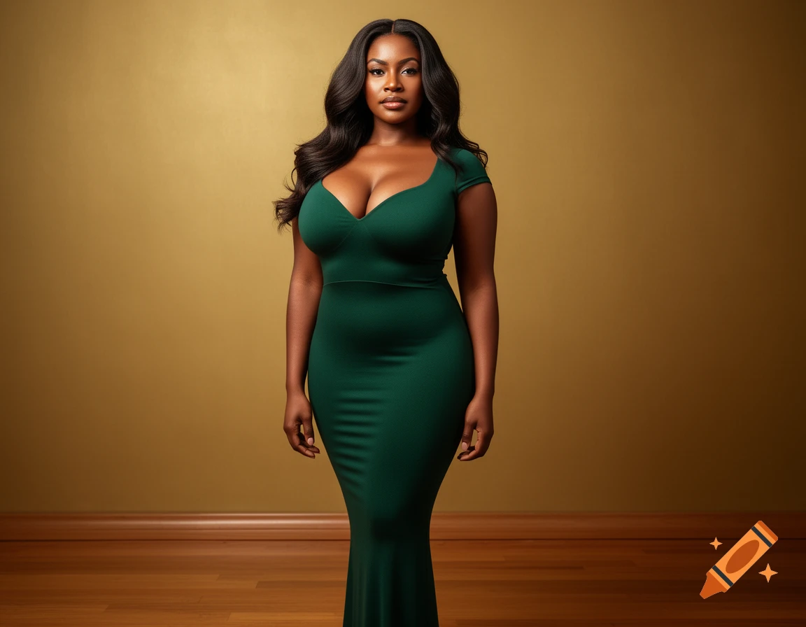 Photorealistic portrait of a woman with dark wavy hair in a form-fitting dark green mermaid dress against a gold background.