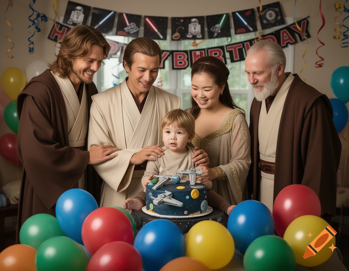 Five adults dressed in Jedi robes gather around a baby sitting in front of a Star Wars-themed birthday cake, surrounded by balloons.