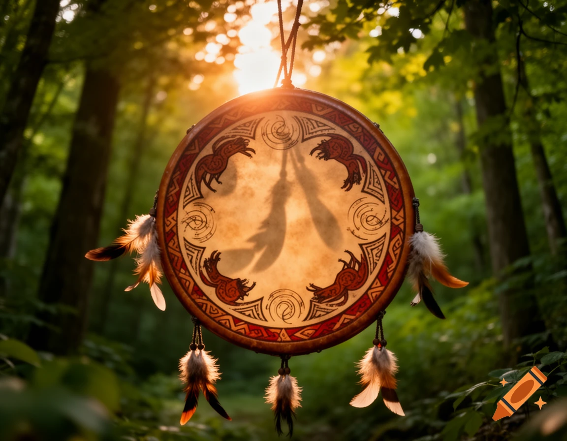 A shamanic drum with decorative patterns and feathers hangs in a forest, bathed in warm sunlight.