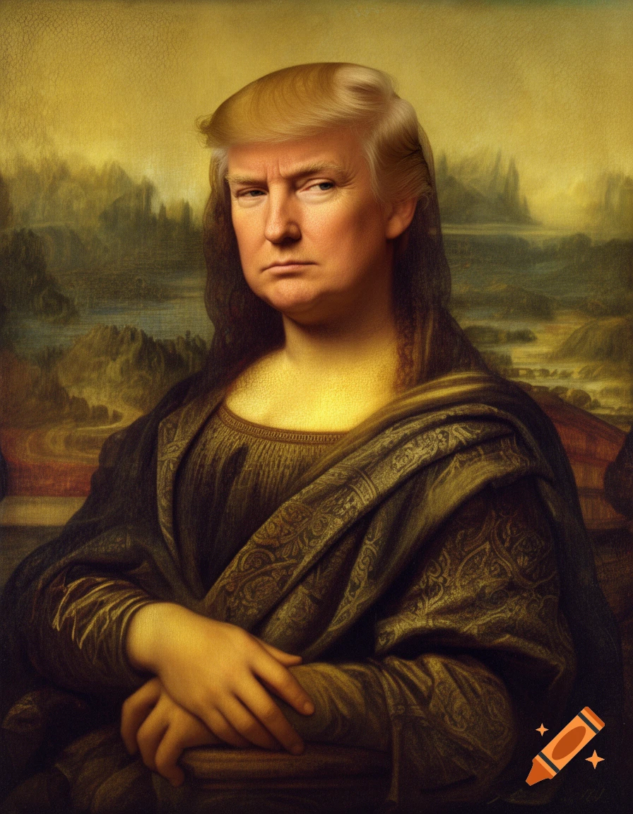 Donald Trump's face superimposed onto the Mona Lisa's body, rendered in a classical oil painting style.