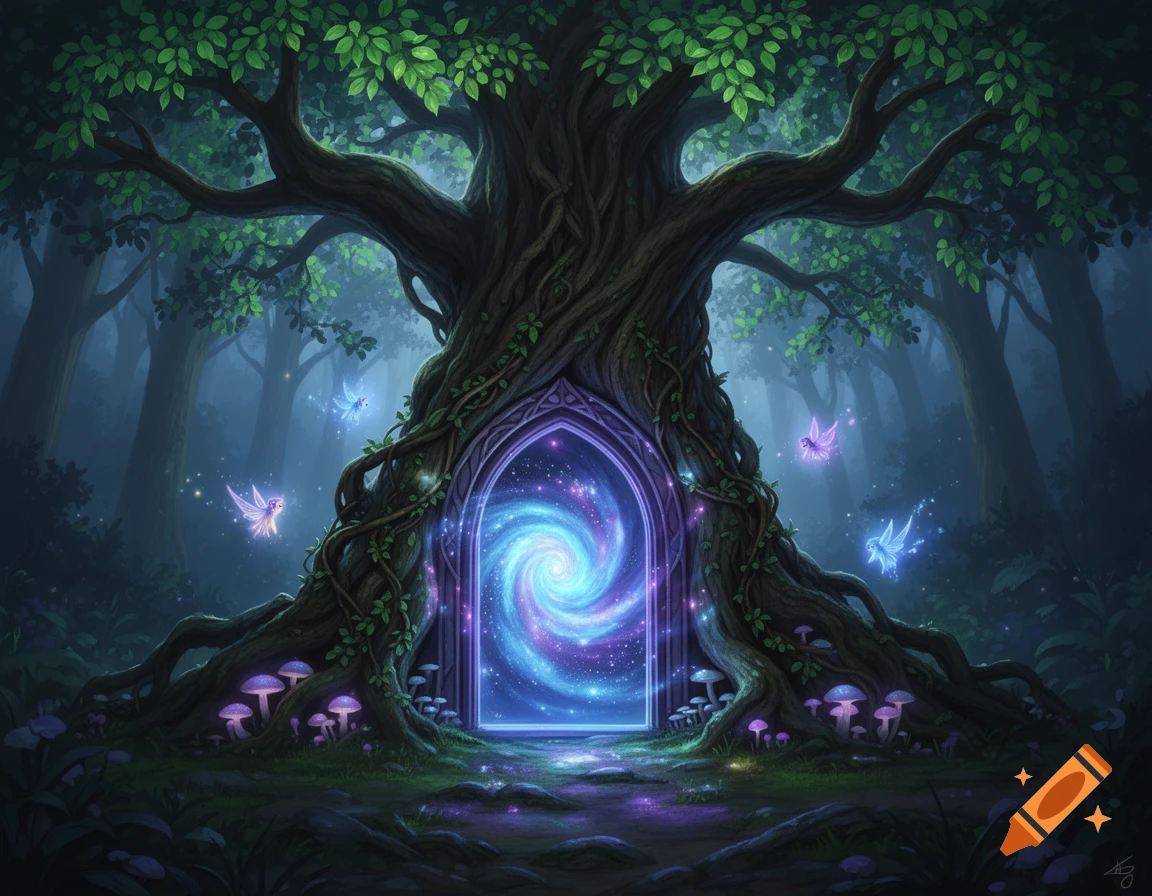 A vibrant fantasy illustration of an ancient, gnarled tree with a glowing, swirling galaxy portal at its base, surrounded by luminous fairies and purple mushrooms in a magical forest.