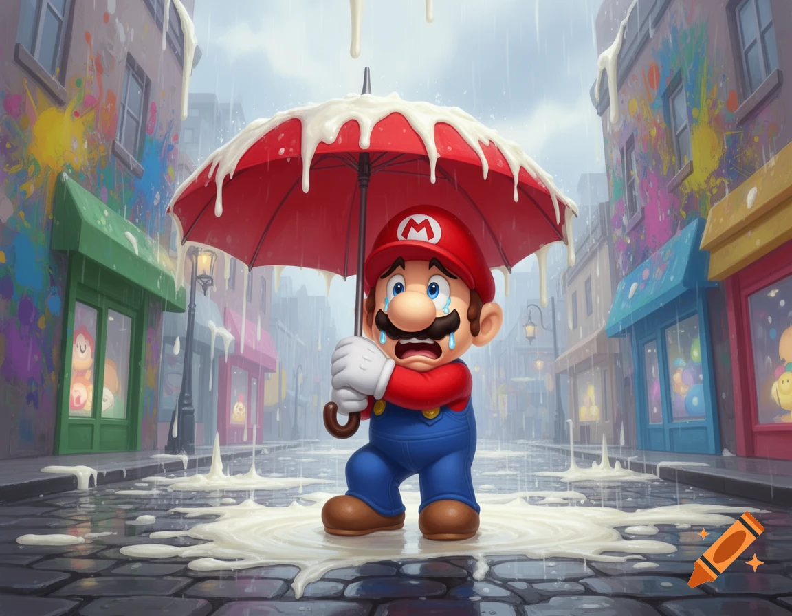 Crying Mario holding a red umbrella under a white liquid rain, standing in a colorful street with paint splatters.