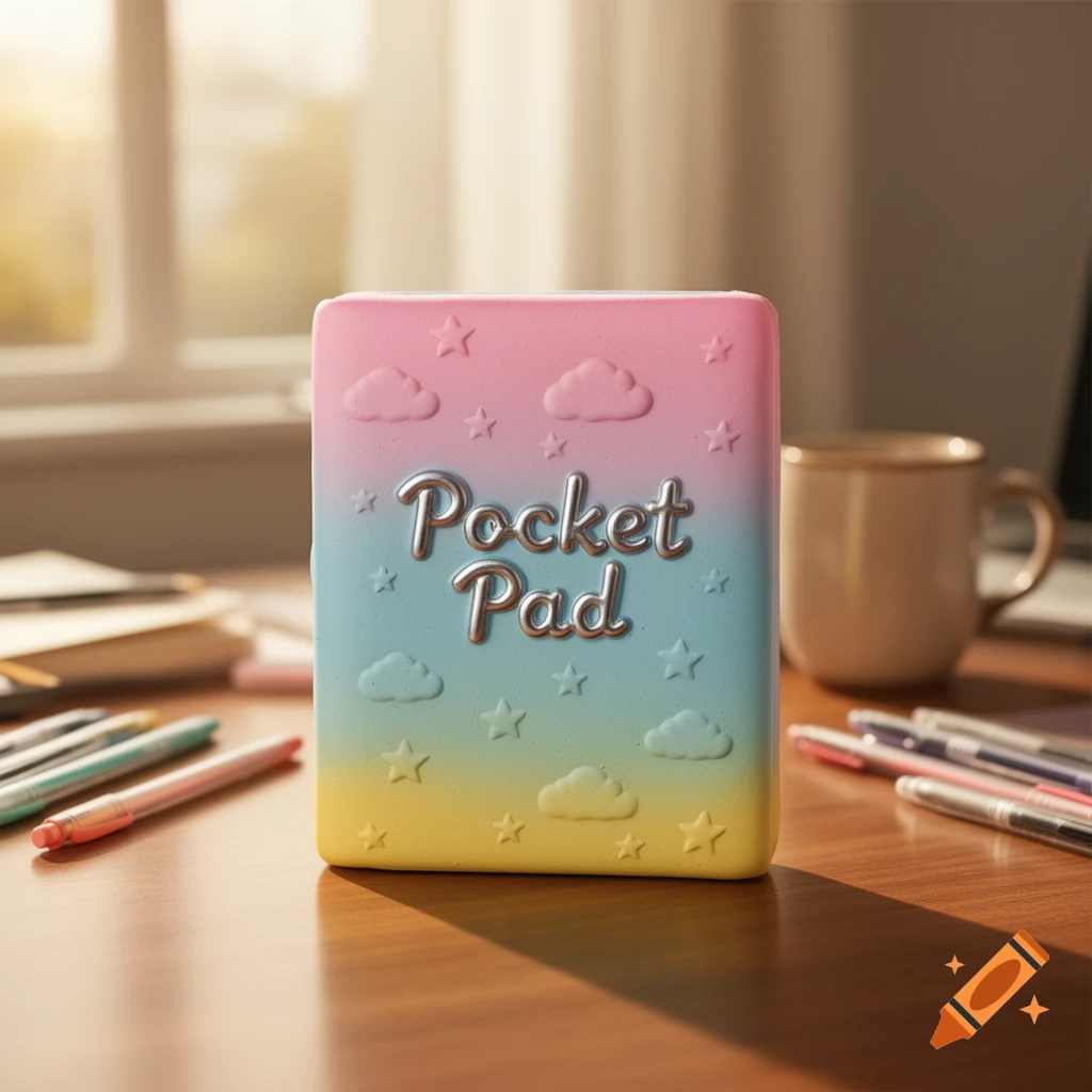 A pastel pink, blue, and yellow 'Pocket Pad' with embossed clouds and stars, on a wooden desk with pens and a mug.