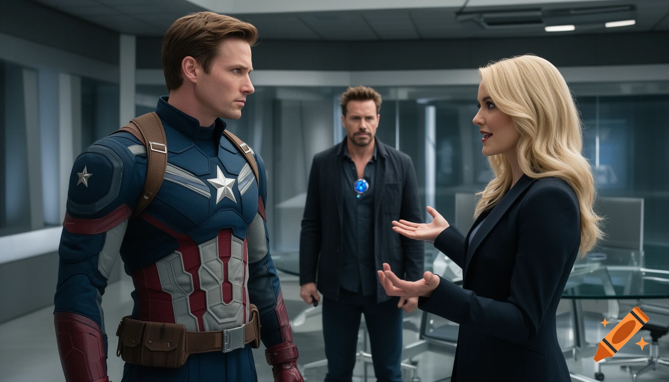 Captain America in uniform looks away from a gesturing blonde woman, a man watches in the background in a modern office.