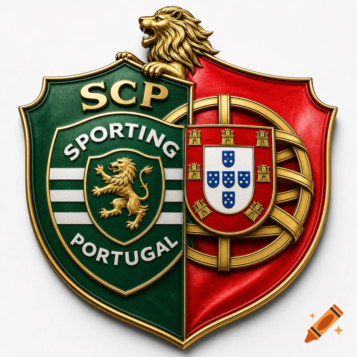 A 3D emblem, half green with Sporting Clube de Portugal's logo and text, half red with Portuguese national symbols, topped by a golden lion.