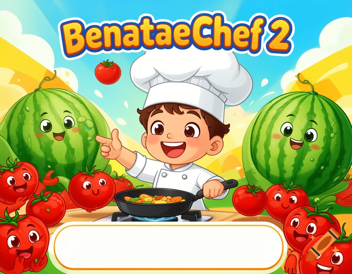 A cartoon child chef cooks in a pan with smiling watermelons and tomatoes, under the title 'BenataeChef 2' against a bright sky.