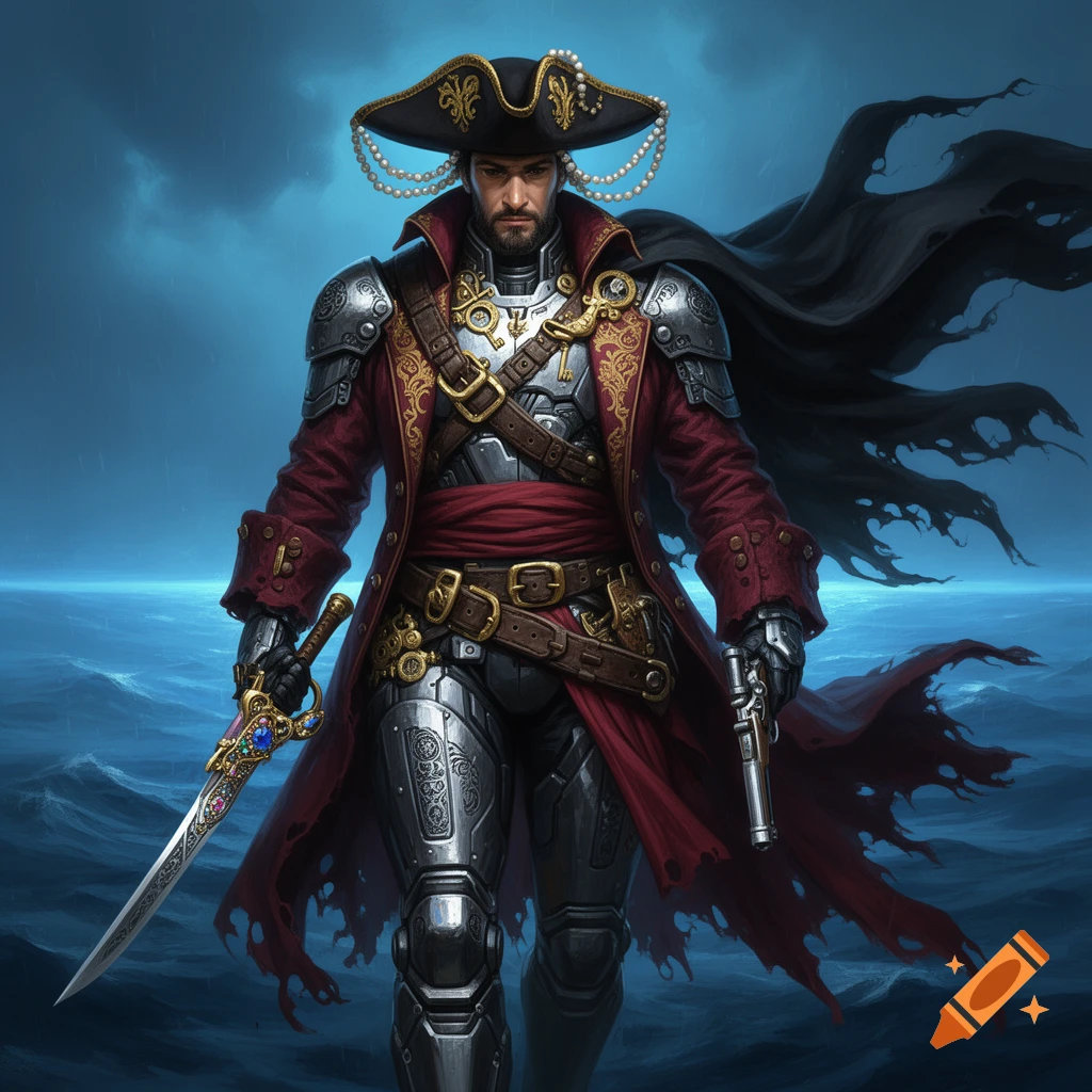 A futuristic armored pirate in a red frock coat, tricorn hat, holding a jeweled cutlass and pistol, stands in stormy seas.