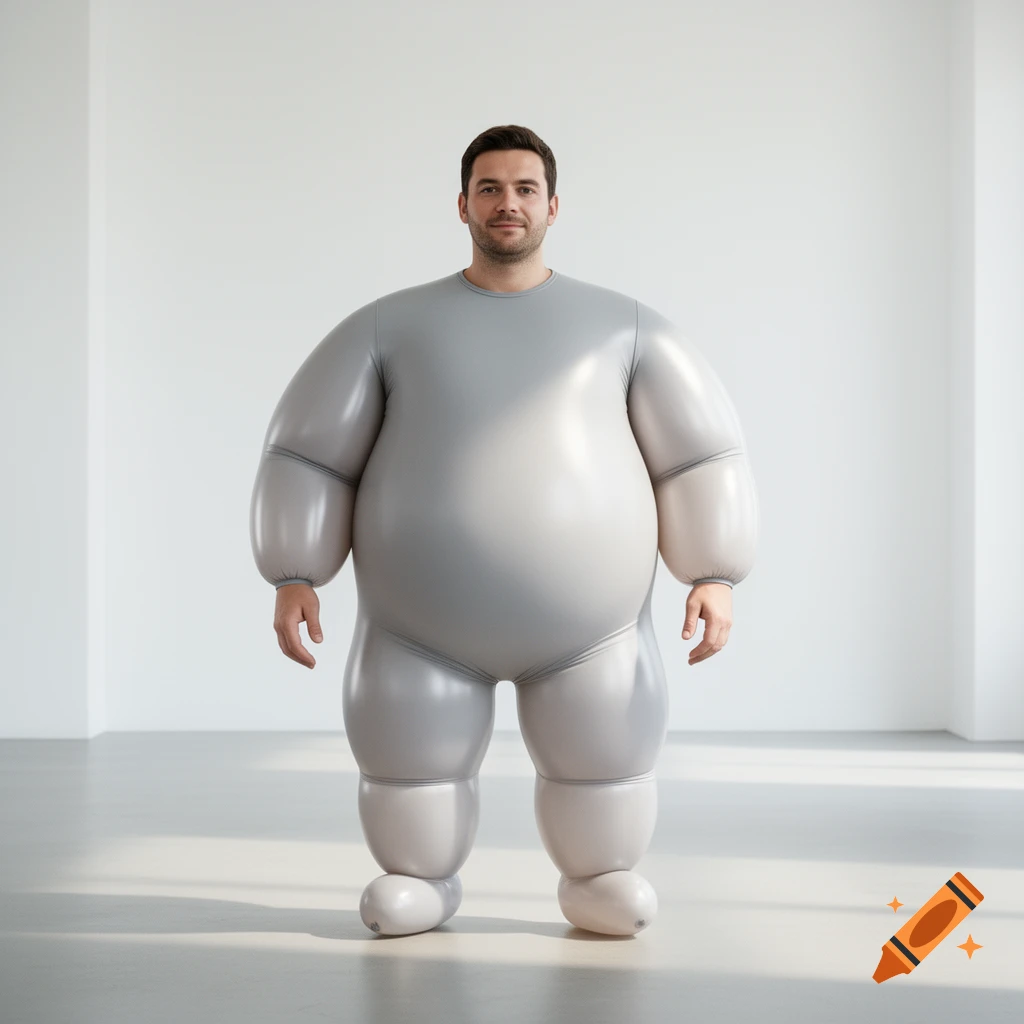 A man in a shiny, grey, inflated full-body suit stands in a brightly lit white room.