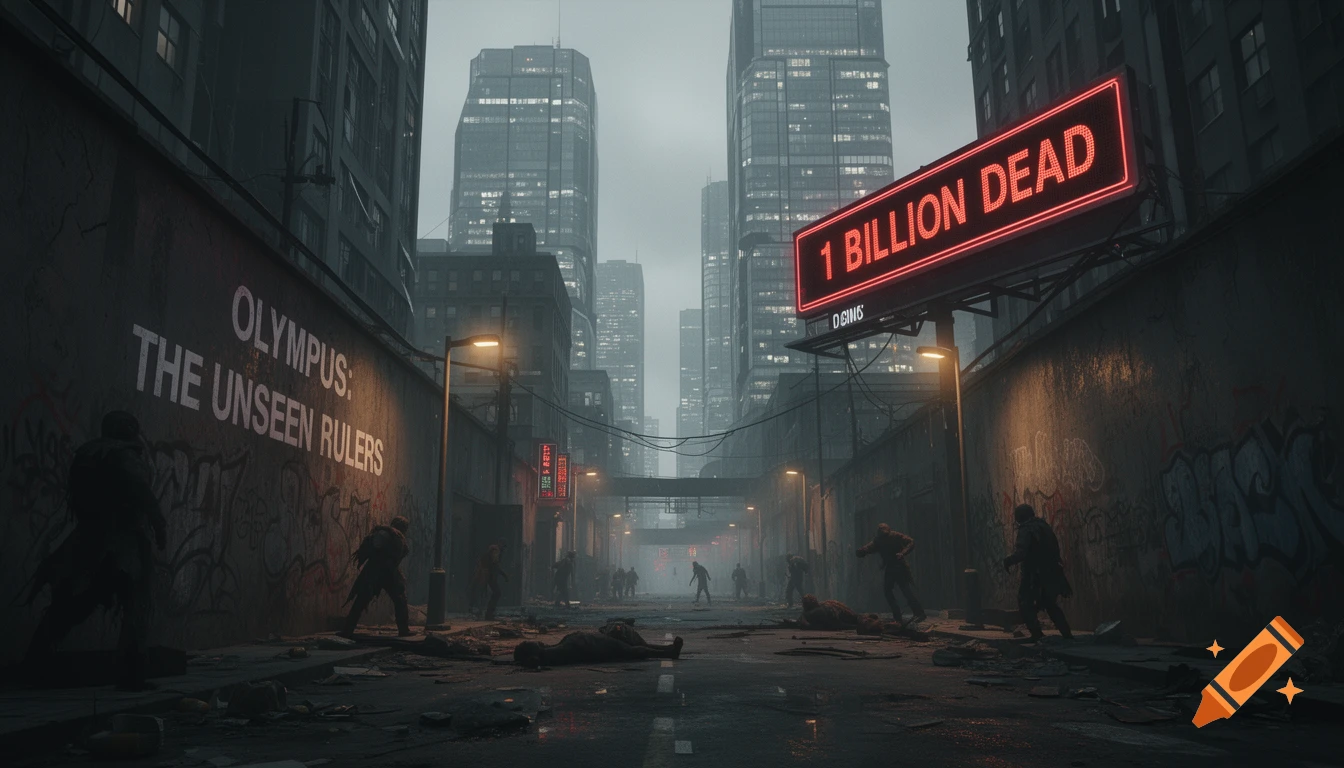 A dark, gloomy, photorealistic image of a futuristic city street lined with tall buildings, neon signs, and street lamps. Silhouetted figures walk and lie among debris, with a large red neon sign reading "1 BILLION DEAD" and a wall sign "OLYMPUS: THE UNSEEN RULERS".