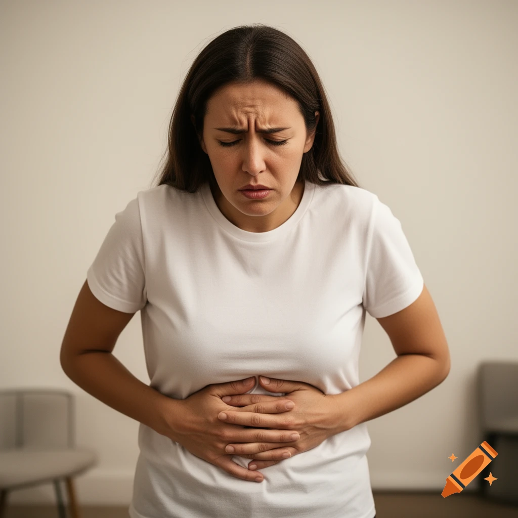 A woman with dark hair and a white t-shirt clutches her stomach with both hands, looking down with a pained expression.