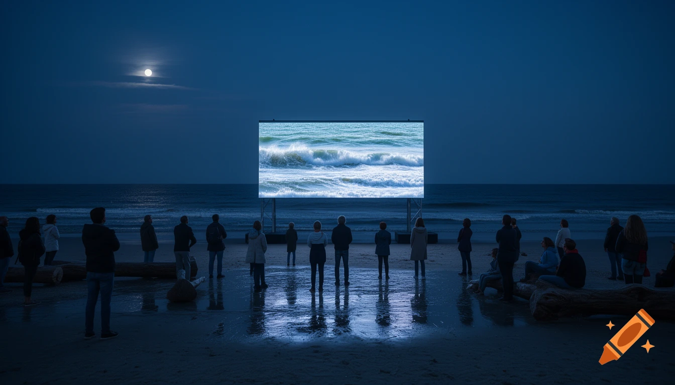 A group of people watch an LED screen displaying close-up waves on a dark beach under a full moon at night.