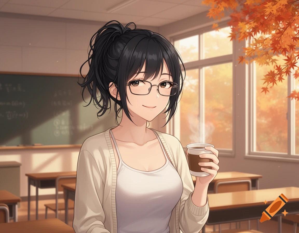 Anime-style woman with black hair and glasses, holding a coffee cup in a classroom with autumn leaves outside.