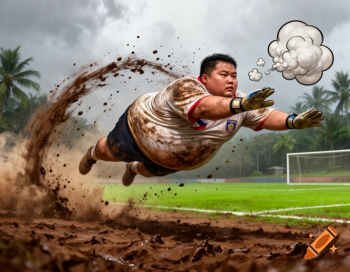 An obese Philippine goalkeeper in a white jersey dives face-first into a muddy soccer field, kicking up a large splash of dirt, with a comic fart cloud behind him.