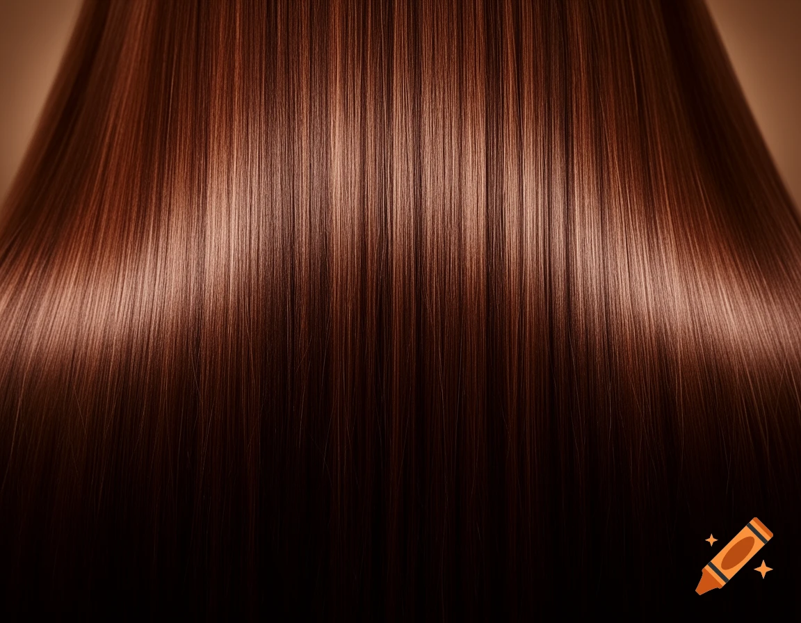 Close-up of long, glossy, straight, reddish-brown hair with subtle highlights.