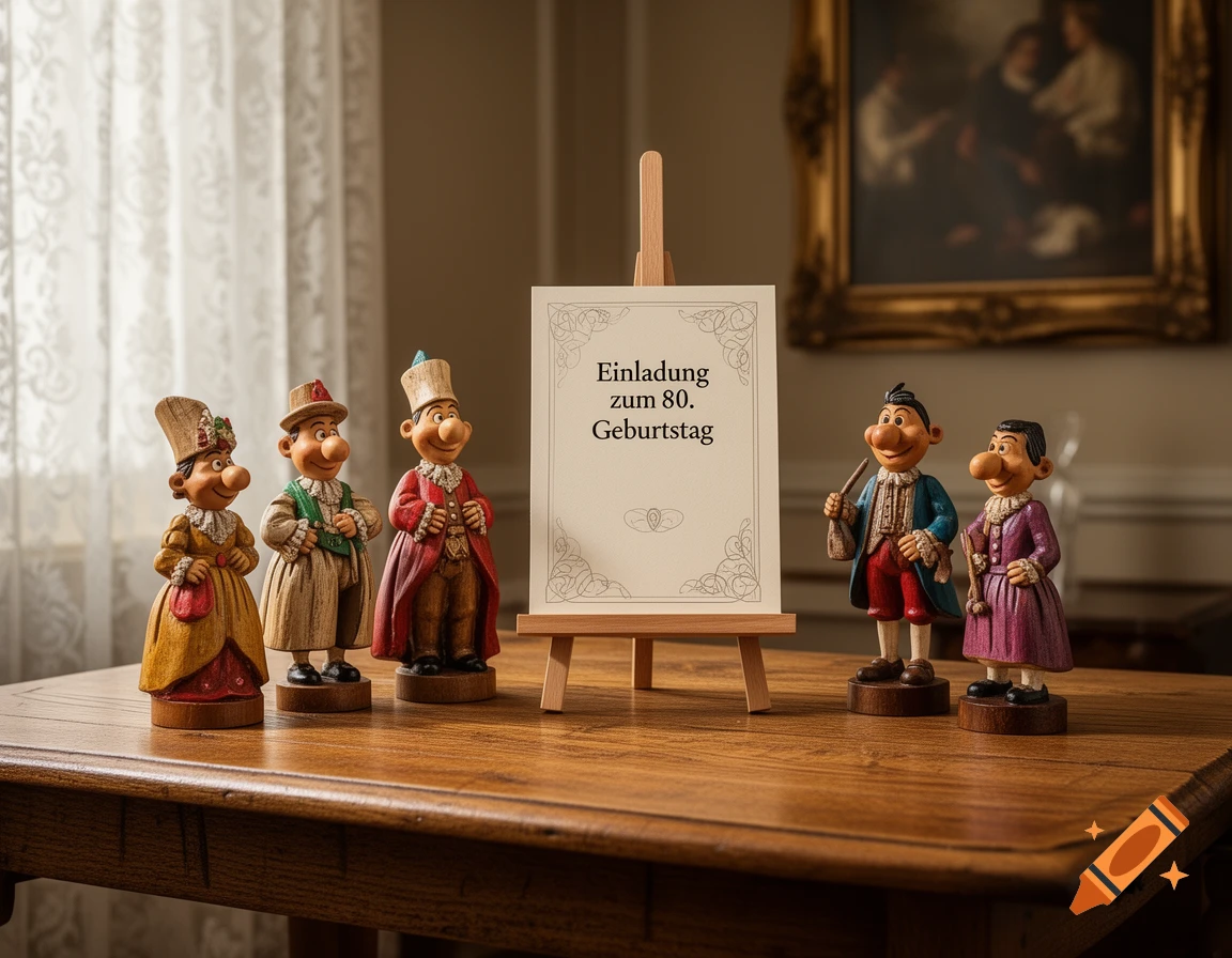 Five colorful Loriot figurines standing around an invitation card on a wooden table, with 'Einladung zum 80. Geburtstag' written on it.
