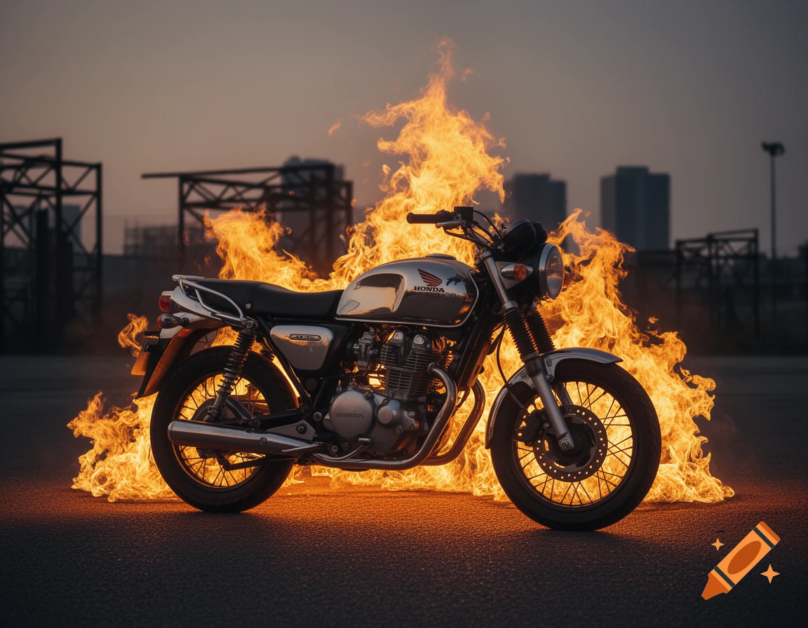 A silver classic motorcycle engulfed in flames on asphalt, with an urban skyline at sunset.