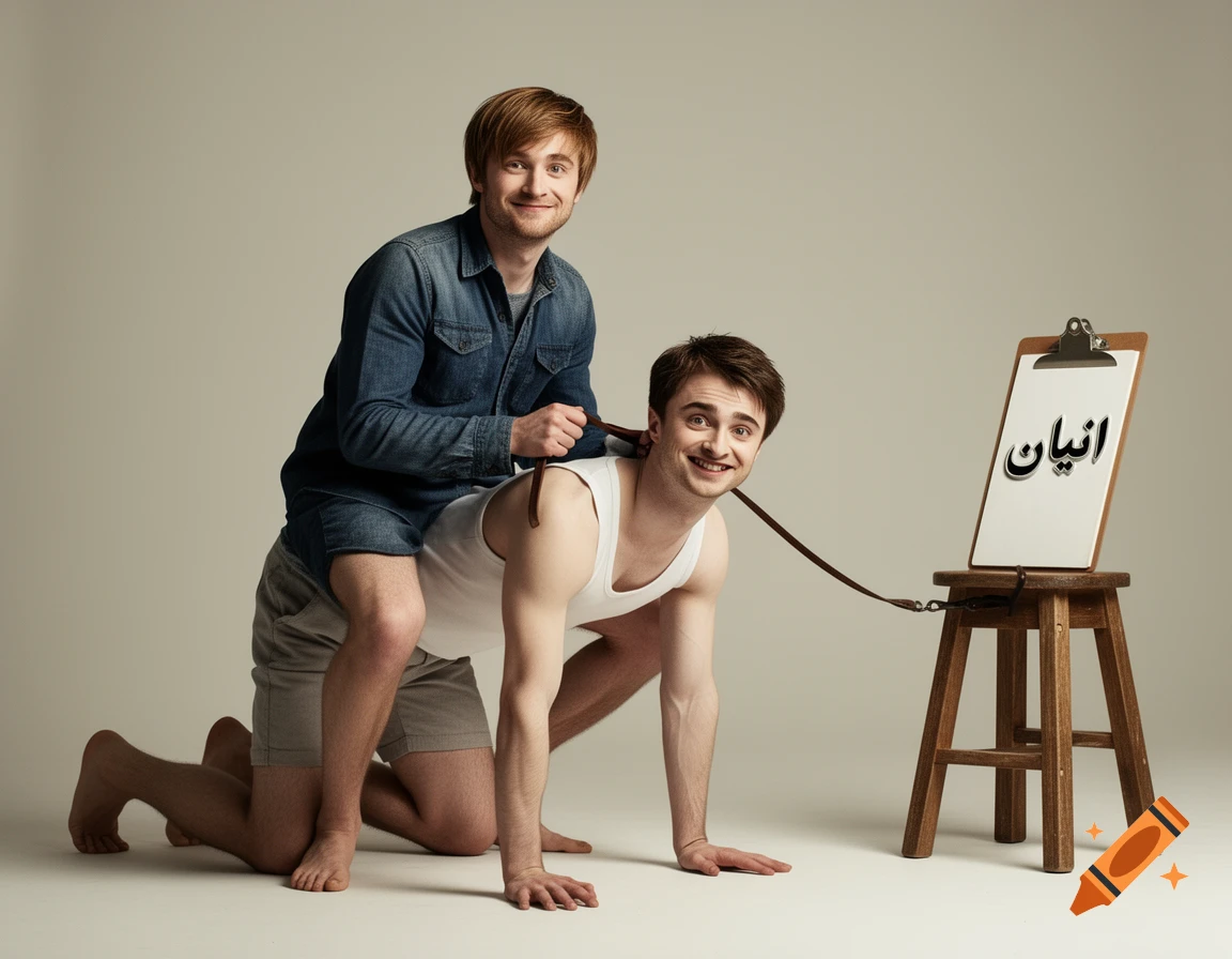 Two men, resembling Daniel Radcliffe and Tom Felton, in a studio. Radcliffe is on all fours with a leash held by Felton, who is sitting on his back.