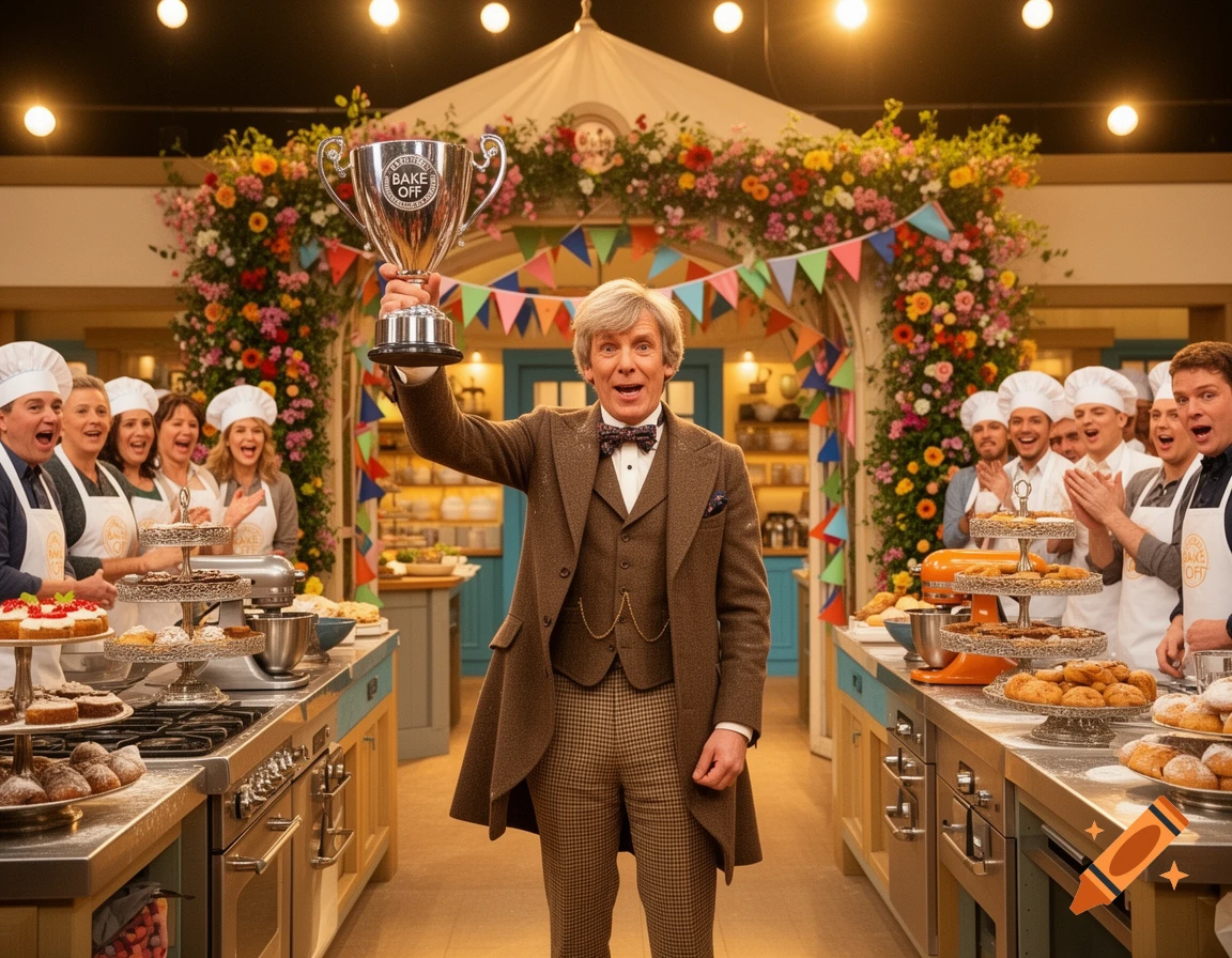 A man resembling the Second Doctor celebrates, holding a 'Bake Off' trophy in a colorful baking tent surrounded by cheering contestants and baked goods.
