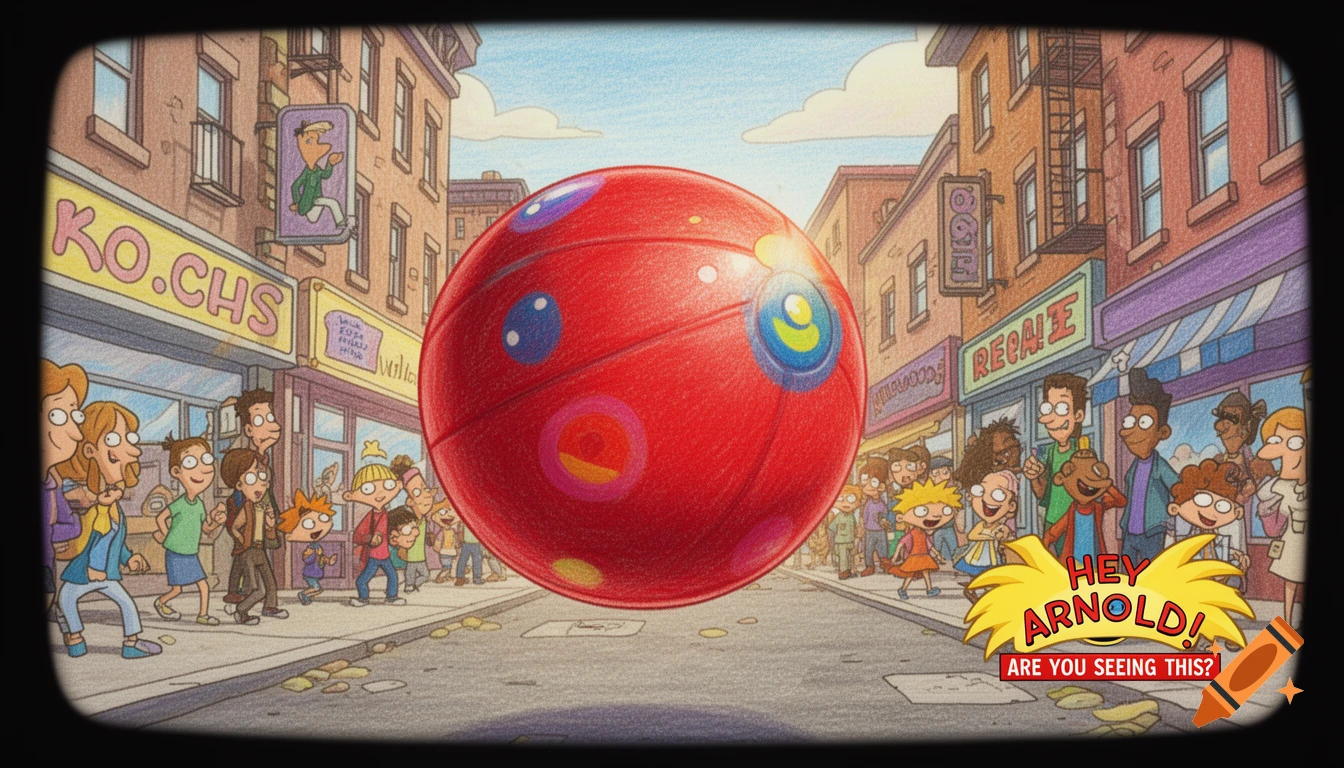 A giant red hopper ball with colorful spots floats in a cartoon city street filled with Hey Arnold characters, rendered in a colored pencil style.