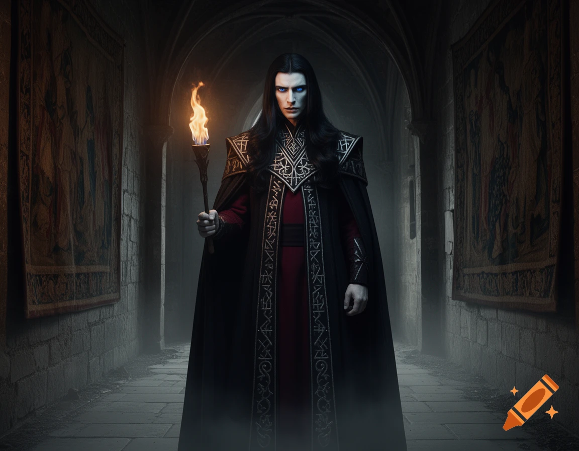 Long-haired man with pale skin and glowing blue eyes in a black and red cape, holding a torch, standing in a dim stone castle hallway with tapestries.