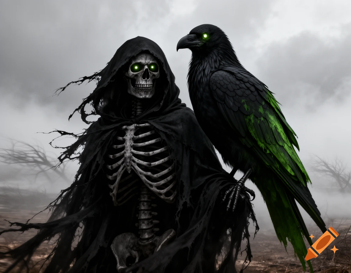 Skeletal Death in a tattered black cloak with glowing eyes stands beside a large black-green raven in a gloomy, barren landscape. Dark fantasy style.