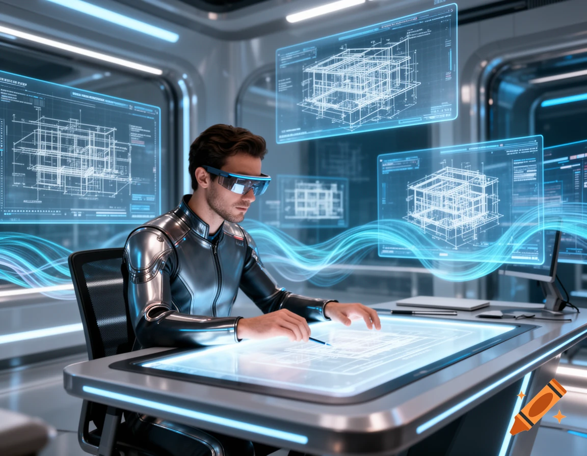 A man in a futuristic suit and visor works at a glowing desk, surrounded by holographic architectural blueprints.