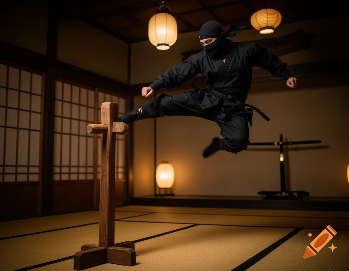 A ninja in a black uniform leaps, kicking a wooden training dummy in a traditional dojo with paper lanterns.
