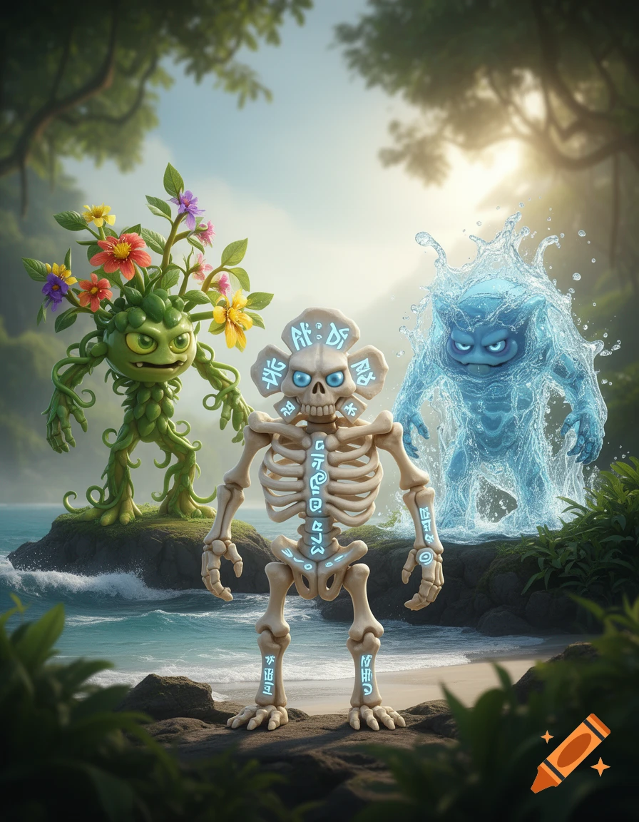 Cartoon plant, skeleton, and water monsters stand on a rocky beach with lush jungle in the background.