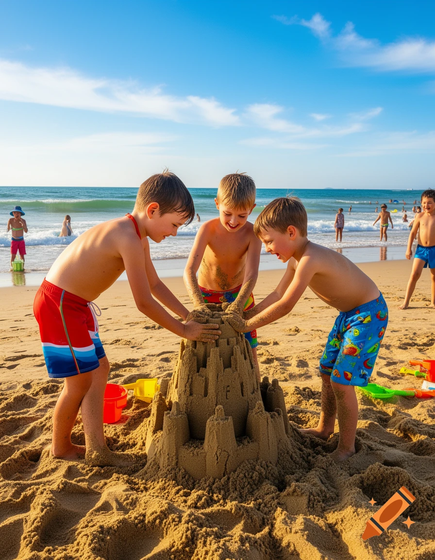 Three young boys happily build a large sandcastle on a sunny beach, with ocean waves and other people in the background.
