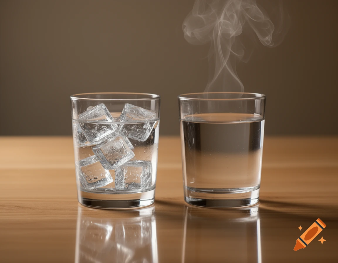 Two identical glasses of water on a wooden table, one filled with ice cubes and the other steaming.